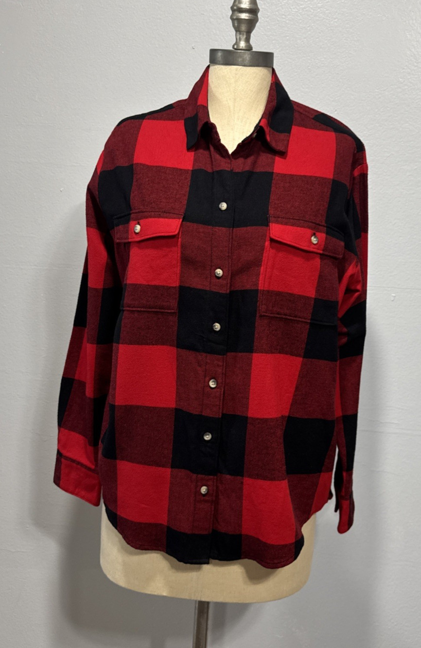 Old Navy Womens S Boyfriend Flannel Shirt Black & Red Buffalo Plaid Long Sleeve